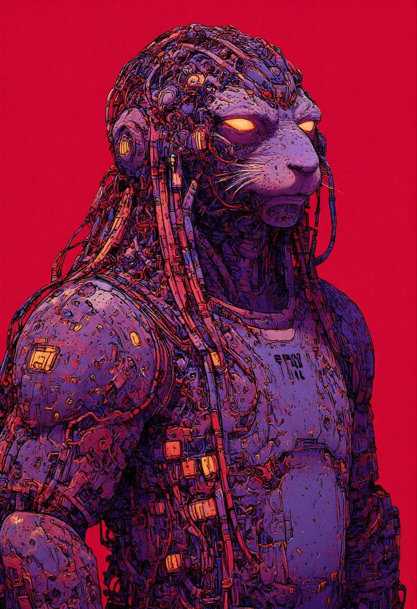 a wired-cyborg otter - made of wires, cables technical parts and red and neon cyberpunk elements, moebius, moebius-style