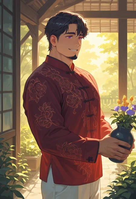 masterpiece, best quality, absurdres, newest, perfect quality, best quality, absolutely eye-catching, detailed background, intricate details, bara, mbti_intj, 1boy, solo, mature man, muscle man, black wavy hair, short hair, long goatee, purple eyes, red traditional chinese shirt, long sleeve shirt, white pants, warm natural lighting, lively and bustling atmosphere, background details visible, outdoor, at house, garden, sunny day, standing position, smiling, calm expression, happy face, holding vase