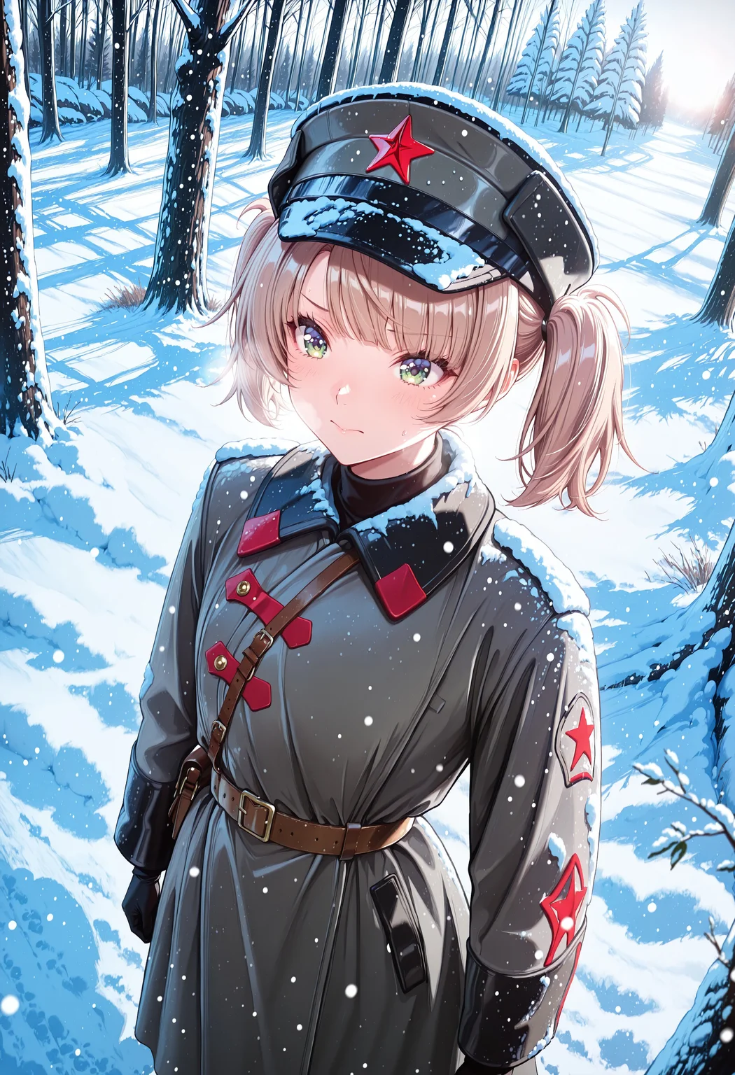 1rregular_b0, hyperdetailed_bg, (realistic_bg:1.4, su22eal_bg:1.2), (full_bg:1.4), (outdoors, snow_theme:1,2, snow, snowy forest), lens flare, bokeh, character focus, snowfall, (detailed background),
(1girl, solo, playing in the snow, in shade, (under the branches of the fir trees:1.2)), (Shigure_Ui, flat chest,short hair,light brown hair,twintails,hair intakes,bangs,green eyes, glavakolhoza_redarmywinter, military uniform, gray military coat, three clasps, headwear, budenovka, red star \(symbol\) on hat, (red elements:1.1)), ((great anatomy, correct anatomy, akariL)),
close-up view, from_above, acute angle,
((masterpiece, absurdres, newest, best quality, visual impact, very aesthetic, perfect quality, absolutely eye-catching)), 4K, detailed facial features, detailed clothing features, detailed texture