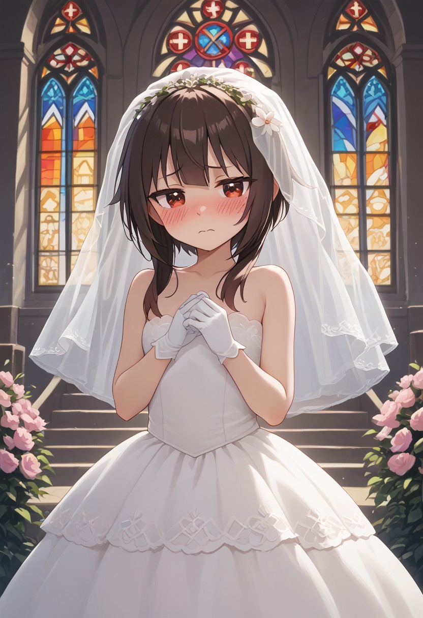 , stained glass,  church,altar,, seductive look, narrowed eyes, blush  ,  <lora:Megumin_V2_Pony:0.8> Meguminn,:short_hair,1girl, sidelocks, brown_hair, red_eyes, small_breasts , <lora:Bridal_Dress_Pony:0.8> wedding dress embarrassed,, bridal veil, , flower, , gloves,, score_9, score_8_up,score_7_up,score_6_up,