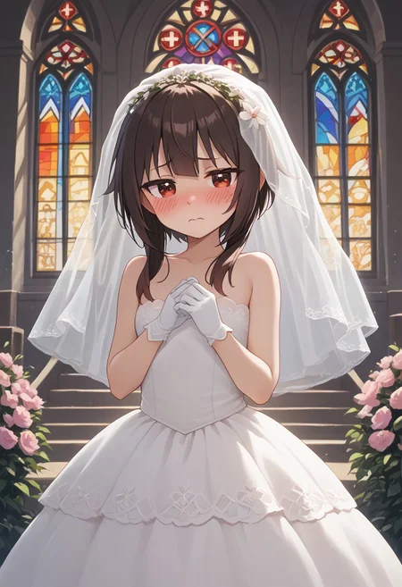, stained glass,  church,altar,, seductive look, narrowed eyes, blush  ,  <lora:Megumin_V2_Pony:0.8> Meguminn,:short_hair,1girl, sidelocks, brown_hair, red_eyes, small_breasts , <lora:Bridal_Dress_Pony:0.8> wedding dress embarrassed,, bridal veil, , flower, , gloves,, score_9, score_8_up,score_7_up,score_6_up,