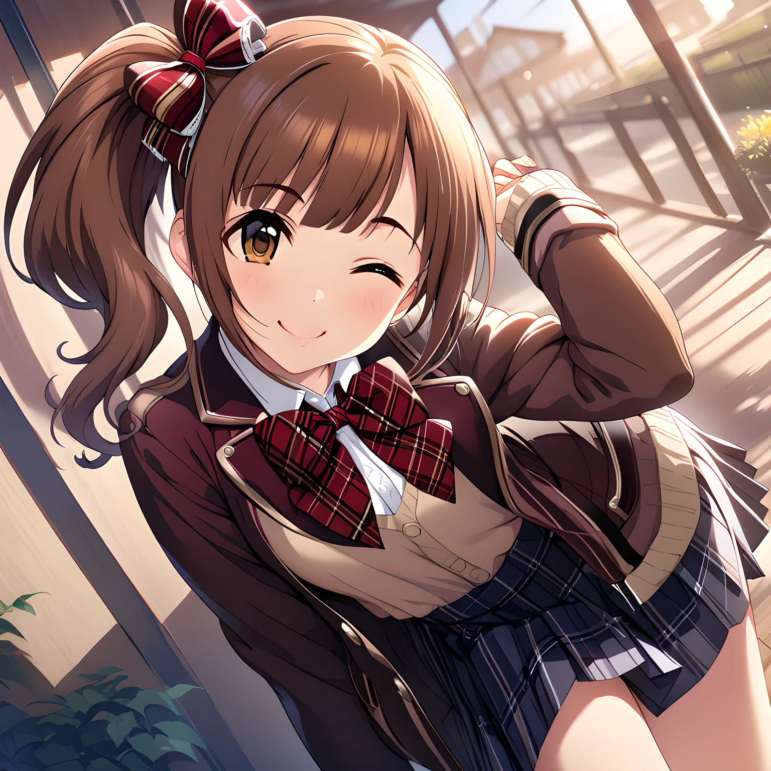 (masterpiece),(best quality),(ultra-detailed),(best illustration),(best shadow),(absurdres),(detailed background),(very aesthetic)kyoko igarashi, schooluni, one eye closed, solo, 1girl, skirt, side ponytail, brown hair, smile, school uniform, bow, jacket, brown eyes <lora:Kyoko_Igarashi__äºååµé¿å_-_The_Idolmster_Cinderella_Girls__ã¢ã¤ãã«ãã¹ã¿ã¼ã·ã³ãã¬ã©ã¬ã¼ã«ãº_SDXL_Animagine_XL_3.1:1>