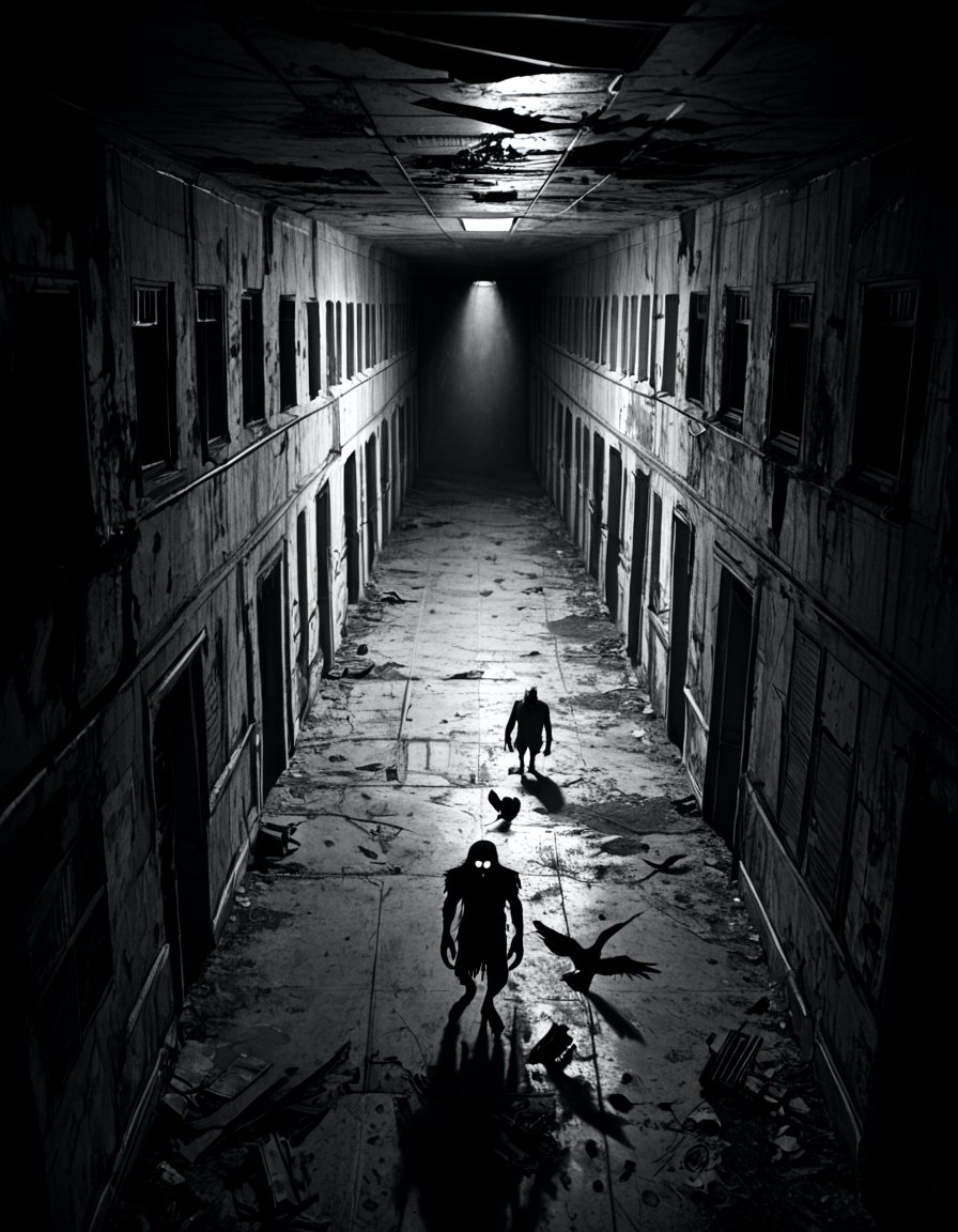 score_9, score_8_up, score_7_up, horrorcctvlora, monochrome, greyscale, dark, abandoned hallway, alien, glowing eyes, bird view