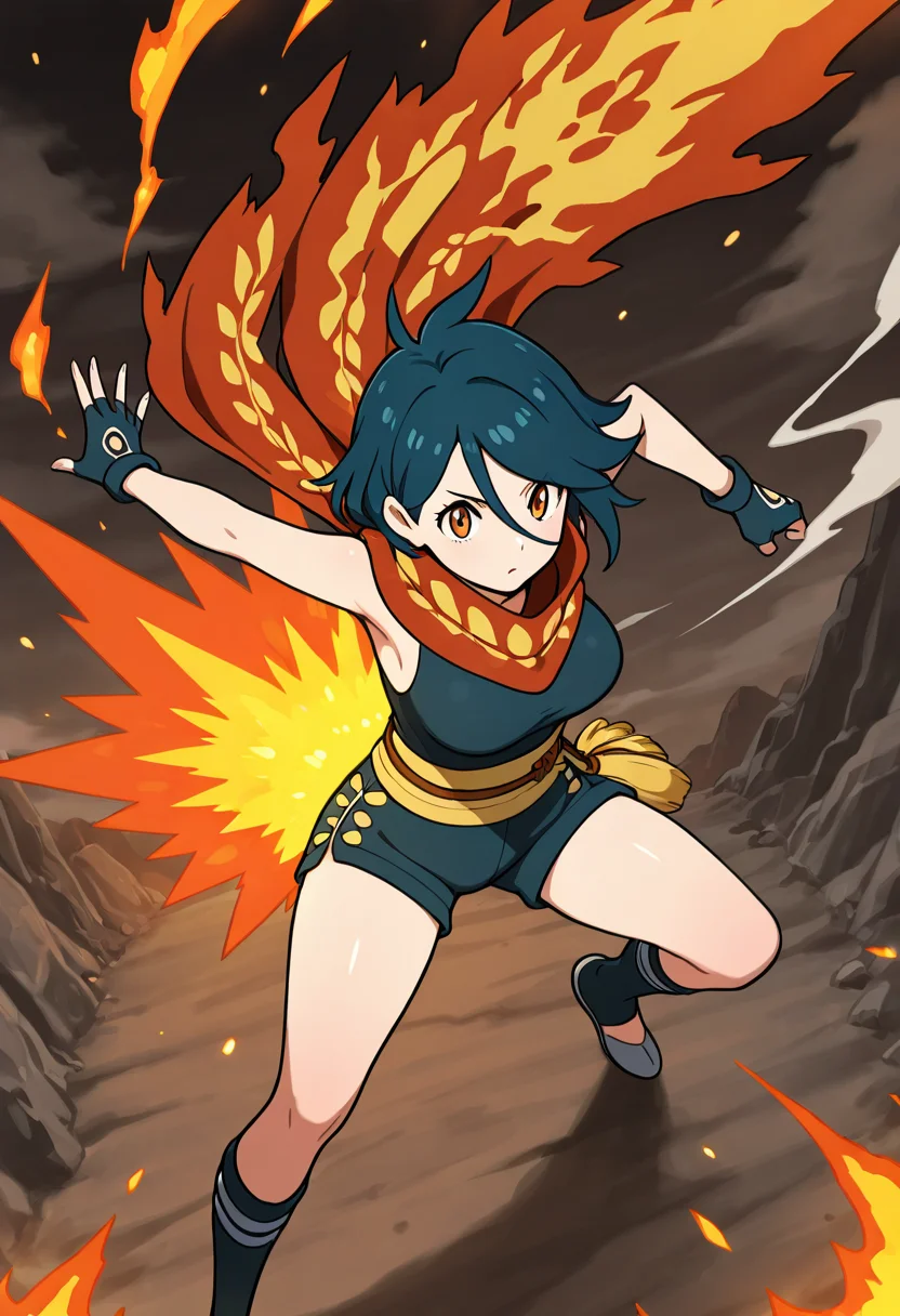 masterpiece, best quality, 1girl, solo, dynamic pose, mature female, zzCyndaquil, 1girl, solo, short messy hair with flame-colored ombre tips, windswept fringe, sleeveless fire-pattern poncho, high-waisted ash-gray shorts, ember-glow scarf, fingerless gloves, walking along a mountain trail with smoke rising from her steps. ,<lora:CyndaquilPokedex_IXL:1.0>,