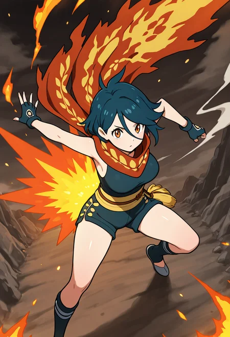masterpiece, best quality, 1girl, solo, dynamic pose, mature female, zzCyndaquil, 1girl, solo, short messy hair with flame-colored ombre tips, windswept fringe, sleeveless fire-pattern poncho, high-waisted ash-gray shorts, ember-glow scarf, fingerless gloves, walking along a mountain trail with smoke rising from her steps. ,<lora:CyndaquilPokedex_IXL:1.0>,