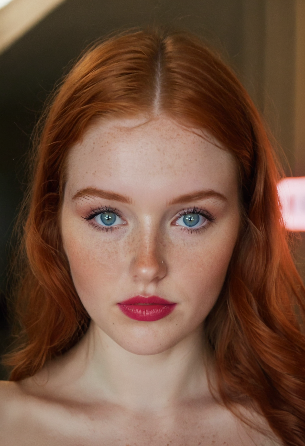ginger woman, blue eyes, makeup, lipstick, freckles, closeup, neon lights, indoors, highly detailed, 4K, ((stylish grainy 35mm photo))