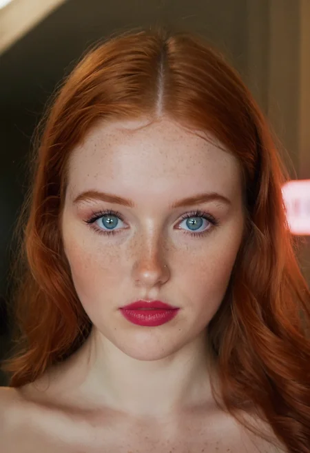 ginger woman, blue eyes, makeup, lipstick, freckles, closeup, neon lights, indoors, highly detailed, 4K, ((stylish grainy 35mm photo))