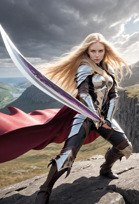 1girl, looking at viewer,
cape, fantasy leather armor,
brave perspective, holding realistic shiny sword,
long blonde hair, wind, heroic,
dynamic,
scenery,
<lora:brave-perspective:1>