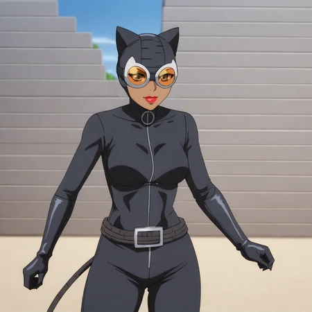 <lora:catwomanhunted_pony_v1:.8>catwomanHuntedYellowGoggles, 1girl, bodysuit, animal ears,  dark skin, dark-skinned female, lipstick, makeup, gloves, belt