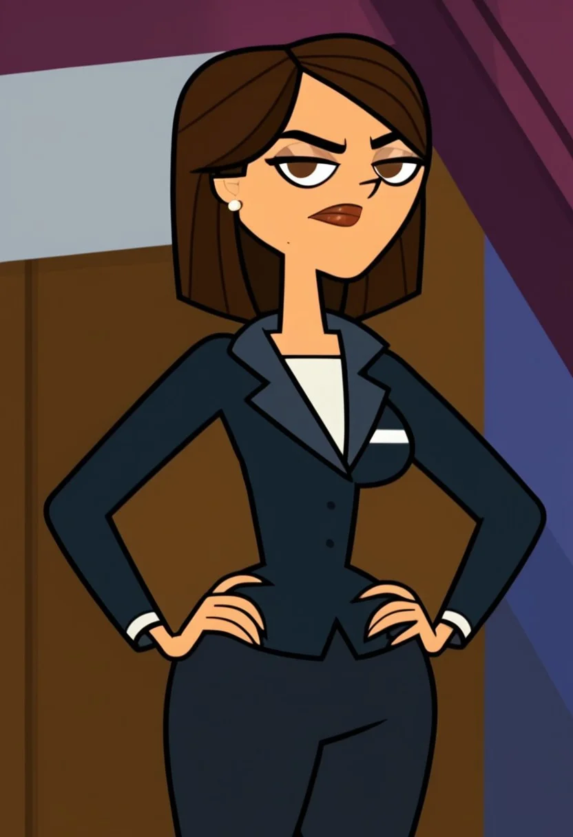 ((room background)),score_9, score_8_up, score_7_up,score_6_up,
1girl, solo, Amelie_DC, medium tan skin, brown eyes, dark brown hair, medium straight hair, hairstyle bob cut, white pearl earrings, dark blue female business jacket, white undershirt, dark blue female business pants, black high-heels, big eyes, cute, tall stature, perfect eyes, perfect serious, looking at the viewer, detailed eyes, perfect eyes, standing, big breasts (front pose, bust shot) five fingers, perfect hands, hands on hips
