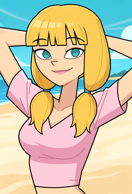score_9,score_8_up,score_7_up, 1girl, Solo, Ashley_DC_IL, fair skin, shoulder-length hair, blonde hair, twin tails, straight bangs, teal eyes, pink lips, pink crop top, standing, looking at viewer, outside, beach background, (portrait) smile, hands behind head, medium breasts