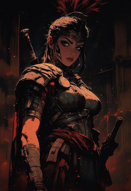 Female Roman soldier, Revenant, war paint, face paint, eye black, glowing eyes, in profile, toned arms, braided hair, battle damaged armor, big breasts, breast plate, breasts, dark and moody background, adds a dramatic tone, subtle lighting reflections, ray traced, foreshortening, particle effect, Holding a sword,