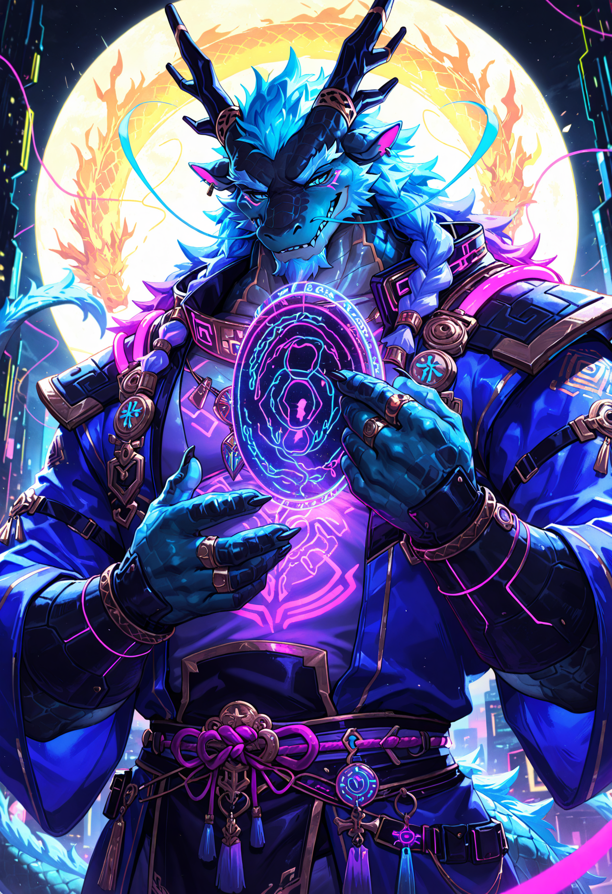 4k, score_9, score_8_up, score_7_up,  mature, male focus, male, (detailed face), (detailed eyes), sharp focus, masterpiece, best quality, amazing quality, anthro,  male focus, furry male, furry, bara, 5finger, Eastern Dragon anthro, Eastern Dragon turquoise scales, holding gaze too long blissfully with radiant vibe, neon-drenched cyberpunk fight club, misty dawn, ceremonial shaman feathers, surreal dreamscape, melancholy, l1ndong,