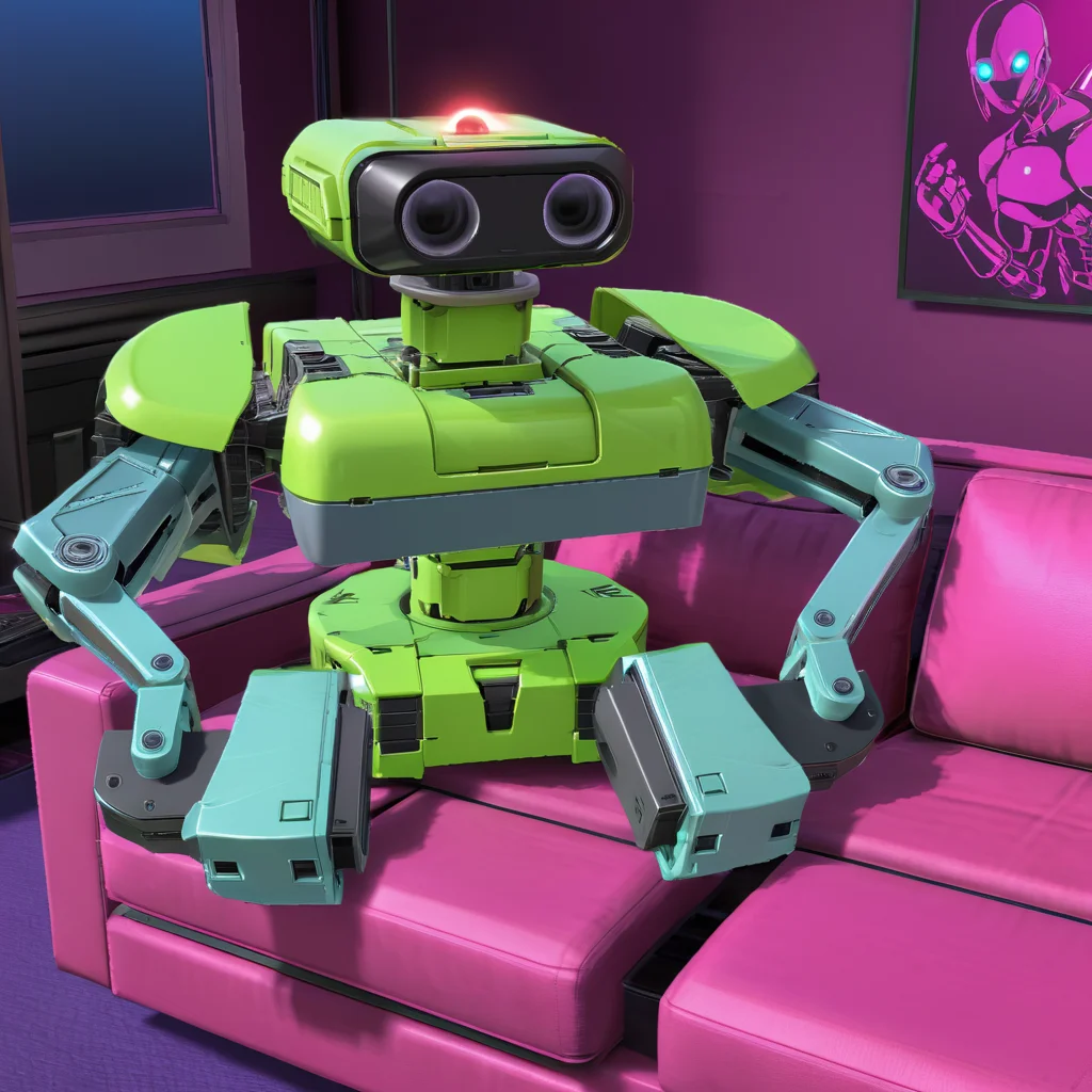 <lora:ROBXL:0.7> shiny neon Green robot robxl, Microsoft Xbox, on dark pink couch, (anime, masterpiece, intricate:1.3), (best quality, hires textures, high detail:1.2), (4k),(incredibly detailed:1.4),UHD, 8K, ultra detailed
