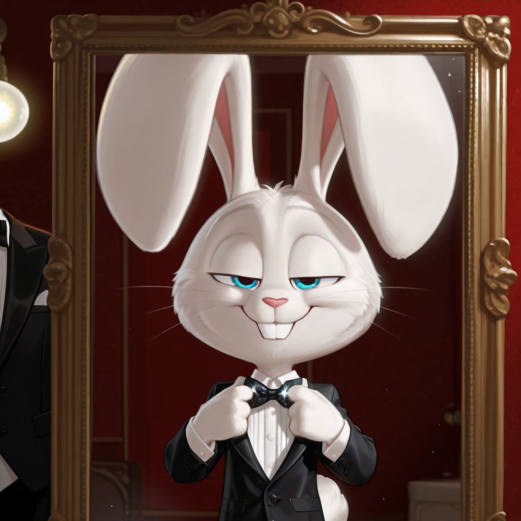 masterpiece, amazing quality, absurdres, ultra-detailed, detailed fluffy fur, no humans, furry male, solo, short, alec_azam, 1boy, white fur, blue eyes, whiskers, buck teeth, rabbit tail, long ears, (droopy ears:1.1), unaligned ears, grin, teeth, smug, half-closed eyes, eyelids, black suit jacket, white shirt, black bowtie, sequined bowtie, sparkly bowtie, glitter bowtie, detached collar, adjusting bowtie, hands up, leaning back, fluffy, body fur, fewer digits, 4 fingers, looking at viewer, big head, upper body, 
BREAK
looking at mirror, indoors, dressing room mirror, light bulbs, illuminated mirror frame, shadow, light particles, detailed shading, WaiIL25PosC