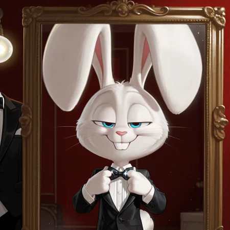 masterpiece, amazing quality, absurdres, ultra-detailed, detailed fluffy fur, no humans, furry male, solo, short, alec_azam, 1boy, white fur, blue eyes, whiskers, buck teeth, rabbit tail, long ears, (droopy ears:1.1), unaligned ears, grin, teeth, smug, half-closed eyes, eyelids, black suit jacket, white shirt, black bowtie, sequined bowtie, sparkly bowtie, glitter bowtie, detached collar, adjusting bowtie, hands up, leaning back, fluffy, body fur, fewer digits, 4 fingers, looking at viewer, big head, upper body, 
BREAK
looking at mirror, indoors, dressing room mirror, light bulbs, illuminated mirror frame, shadow, light particles, detailed shading, WaiIL25PosC