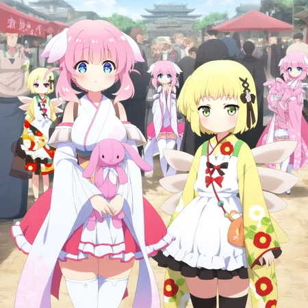 masterpiece, best quality, solo, curvy, beautiful eyes, zzHaizakura, zzGekka, multiple girls, blue eyes, blonde hair, pink hair, green eyes, 2girls, japanese clothes, kimono, animal ears, outdoors, wings, detached sleeves, stuffed toy, apron, hair ornament, skirt, short hair, looking at viewer, multiple boys, long sleeves, wide sleeves, stuffed animal, thighhighs, bow, blush, bag, floral print, stuffed rabbit,