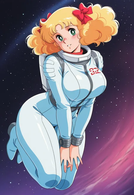 1girl, solo, high detail, (solo), big breasts, Big hips, open eyes, parted lips, smiling, blush, indoor, blushing, thick thighs, score_9, score_8_up, score_7_up, masterpiece, best quality, official art, official style, very aesthetic, absurdres, source_anime, perfect anatomy, 1980s (style), hanging eyes, perfect proportions, anatomically correct, mature female, perfect hands, perfect fingers, Green Eyes, Blonde Hair, freckles on nose, Curled hair, twintails, long twin tails, hair curled, large bow, red bow, hair bow, Candy_Candy, wearing a vintage design space suit, space helmet, inside a space station, space station,looking at viewer, zero gravity, floating, dynamic pose,
