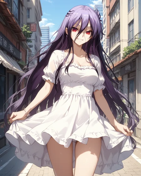 score_9,score_8_up,score_7_up BREAK
day,city,
Setsura,solo,1girl,red eyes,black hair,purple hair,medium breasts,
white dress,summer_dress,microskirt,
standing,smile,looking_at_viewer,<lora:Setsura_PONY>,