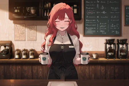 masterpiece, score_9, score_8_up, score_7_up, highly detailed, ultra-detailed, cinematic lighting, soft warm glow, cozy atmosphere,
1futa, long red hair, vibrant red hair, wavy hair, nose piercing, ear piercings, silver jewelry, barista, coffee shop worker, wearing apron, stylish casual outfit, warm smile, friendly expression, black nail polish, black lipstick, blushing,
behind the counter, holding a coffee cup, steaming coffee, rustic wooden counter, espresso machine, chalkboard menu in the background, café ambiance, soft blurred background, warm color palette, inviting atmosphere, <lora:DownbulgeIL:0.6> ,down_bulge, <lora:Kamuo:1>, Kamuoo, <lora:NOOB_vp1_detailer_by_volnovik_v1:1>, <lora:add-detail-xl:1> ,<lora:SkindentationIL3.4_alpha16.0_rank32_full_400steps:3>,
