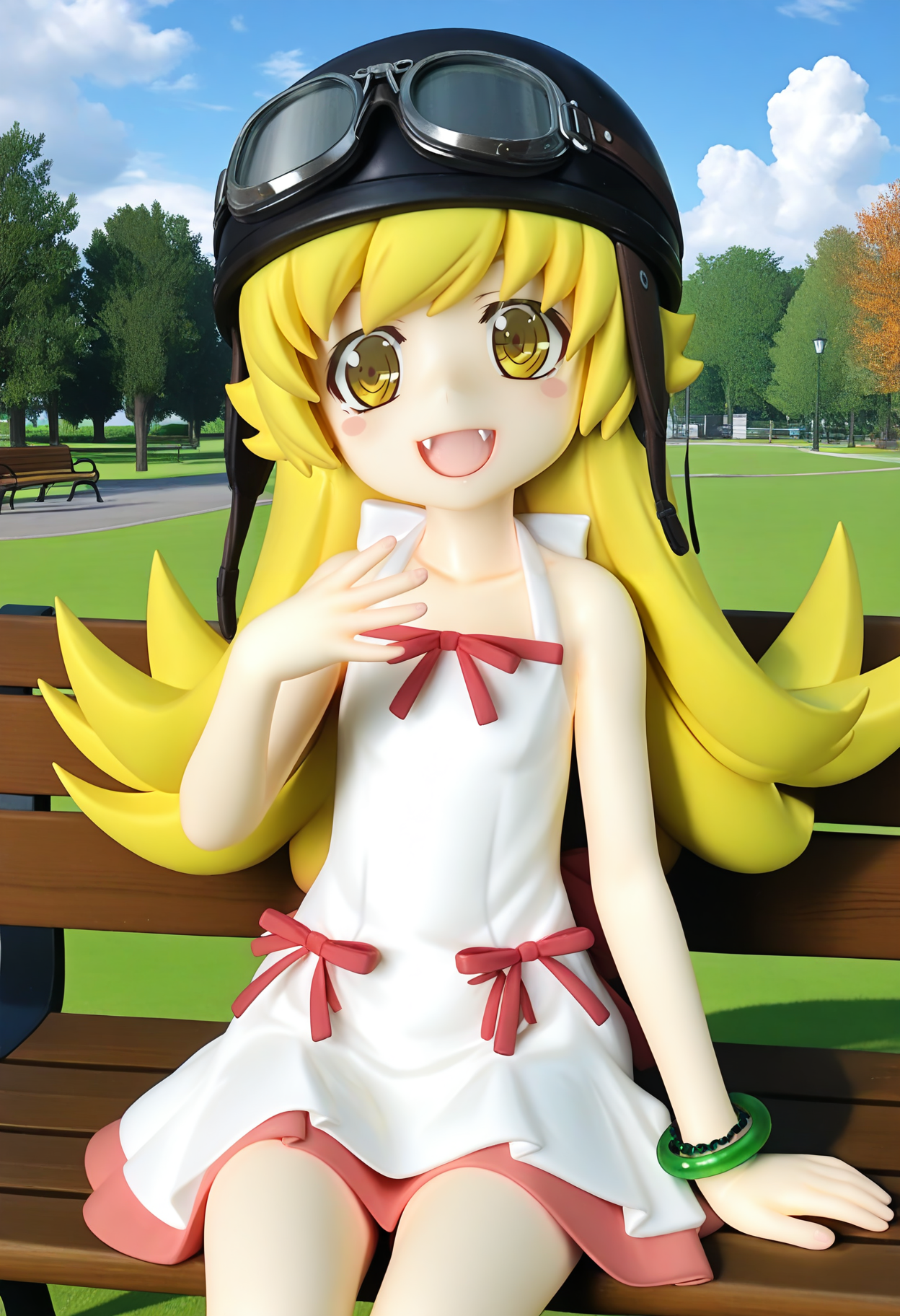 best hands, 5 fingers, perfect hand, <lora:figure_shinobu_IL:0.8>looking at viewer,
figure_shinobu, figure_style, oshino shinobu, 1girl, blonde long hair, open mouth, fangs, yellow eyes,
park bench, outdoors, sitting, cowboy shot, 
dress, bare shoulders, yellow eyes, fang, black helmet, goggles on helmet, 
BREAK outdoors, park bench, sky, day, cloud,