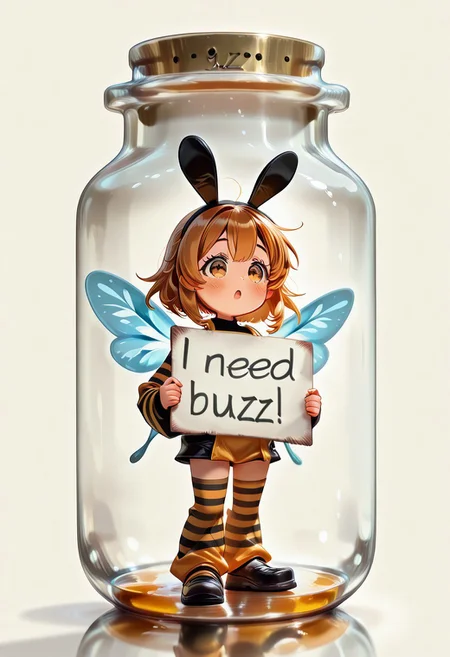 score_9, score_8_up, score_7_up, score_6_up, score_5_up, score_4_up, source_anime, BREAK, a fairy in a , BREAK, 1girl, fairy wings, in a jar, container, standing ,full body, yellow and black striped clothing, (((need_buzz))), holding sign, in a jar half filled with dark orange honey, girl Drowning