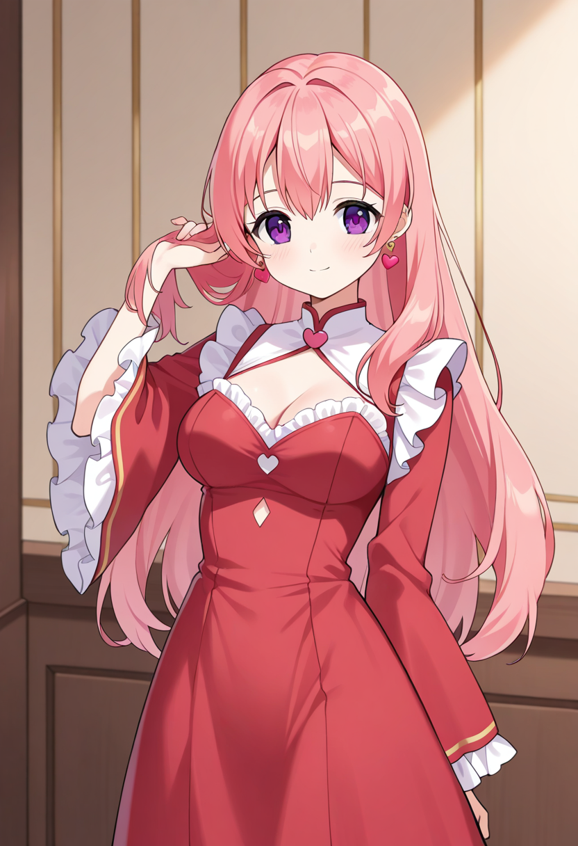 1girl, solo, fairyhartun, pink hair, long hair, hair down, purple eyes, medium breasts, heart earrings, red dress, long dress, long sleeves, wide sleeves, frilled dress, cleavage, soft smile, indoors, hand on hair, cowboy shot,