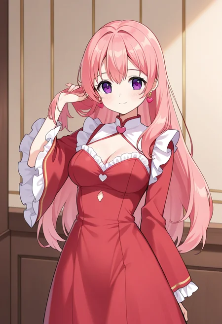 1girl, solo, fairyhartun, pink hair, long hair, hair down, purple eyes, medium breasts, heart earrings, red dress, long dress, long sleeves, wide sleeves, frilled dress, cleavage, soft smile, indoors, hand on hair, cowboy shot,