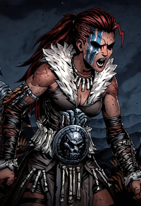 masterpiece, best quality, newest, absurdres, highres, anime, anime style, HellionDD-Il.V1.0, jewelry, necklace, red hair, armor, leather armor, fur coat, red hair, tribal, clevage, black eyes, shaded eyes,