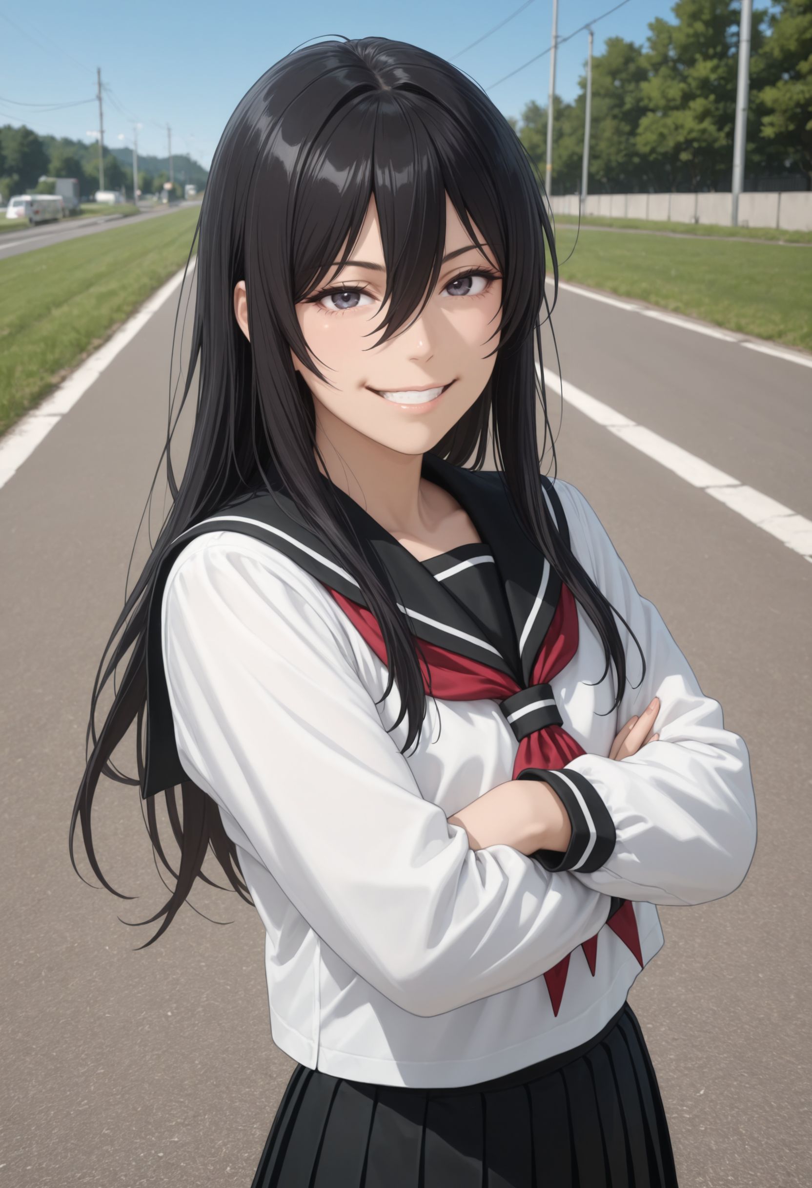 masterpiece, best quality, newest, (realistic:0.5), solo, looking at viewer, street
, looking at viewer,  , looking at viewer smile,  looking at viewer, blue sky, upper body, grass, field, arms crossed, grin, thug expression,
 <lora:Seike Taroumarui Illu :1> 1girl, black hair, long hair, hair between eyes, school uniform, serafuku, pleated skirt, white shirt, long sleeves, red neckerchief, black sailor collar