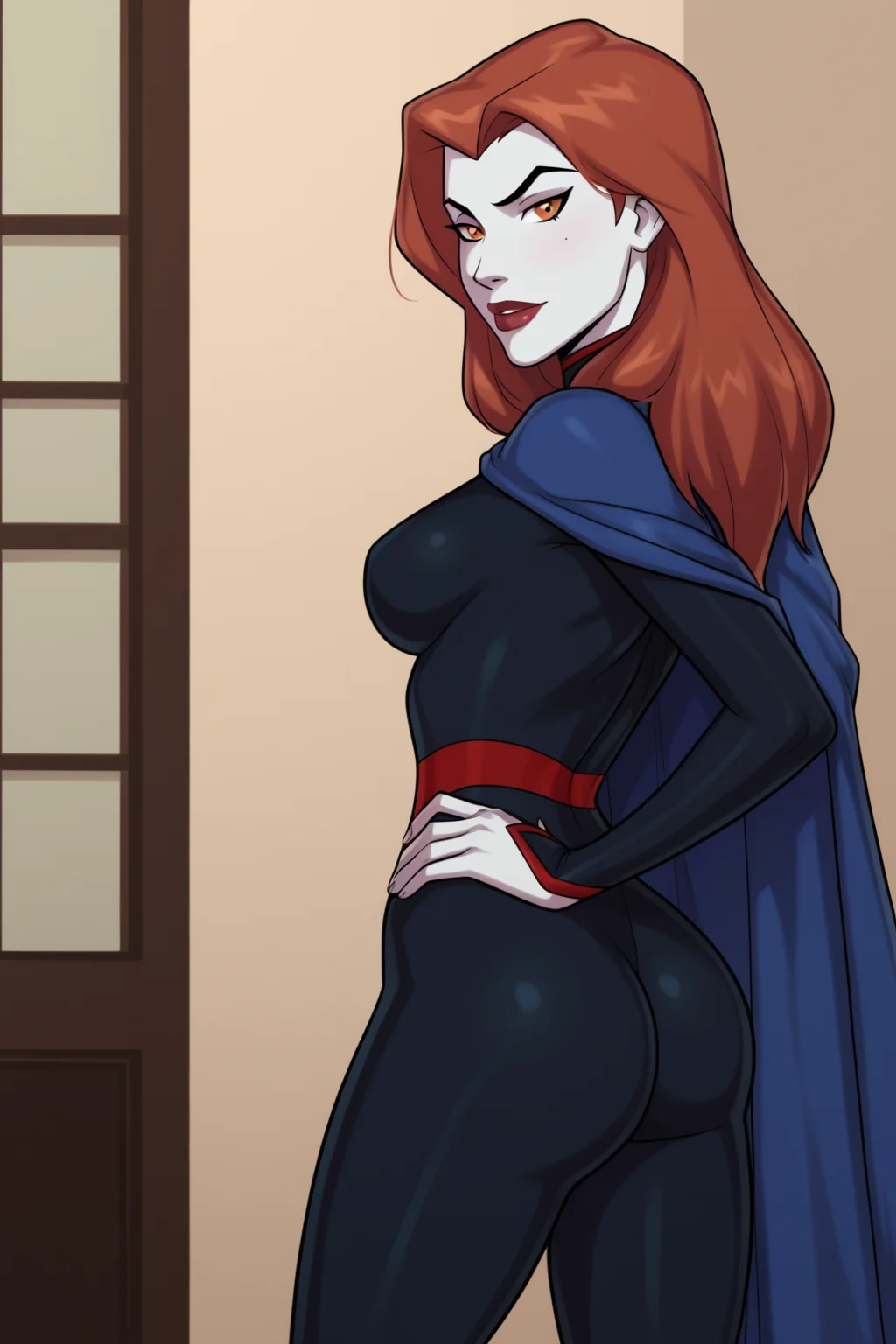 PonyXLV6_Scores BREAK (perfect anatomy, perfect eyes), <lora:add_details_xl:1> BREAK <lora:Miss_MartianV2:0.7> mgann morzz, long hair, red hair, colored skin, white skin, orange eyes, makeup, lipstick, flirting, raised eyebrow, ((looking back at viewer)), superhero, black bodysuit, cape, curvy, toned, athletic, breasts, milf, standing, hand on hips, sexually suggestive, indoors