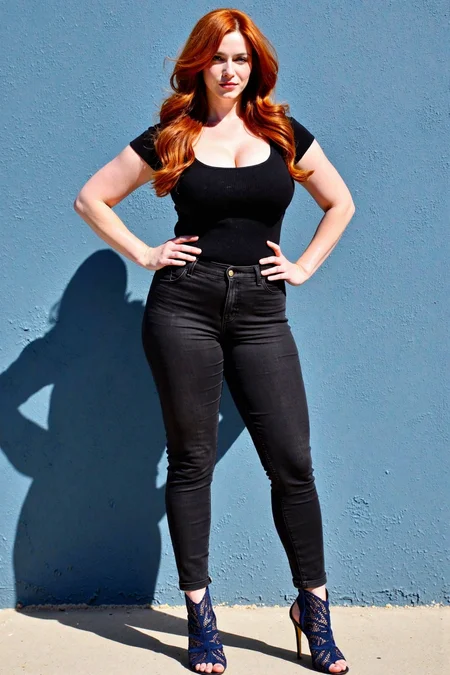 The image captures a woman standing confidently against a textured blue wall. The scene is brightly lit, suggesting it might be daytime with natural sunlight casting soft shadows on the wall and floor.### Detailed Description:#### Woman:- **Facial Features**: She has a chiseled jawline and a strong nose, indicating she may have a strong, independent personality.- **Hair**: Her long red hair cascades down her back, styled straight with a slight wave. It adds vibrancy and contrast to the otherwise neutral tones of the scene.- **Body Shape**: She appears to have a fitted and toned physique, with a lean and athletic build.- **Bust Size**: The image shows her large natural bust, emphasizing a youthful, curvy figure.- **Pose**: She stands with her hands on her hips, exuding confidence and a sense of readiness. Her posture is upright, suggesting self-assurance.- **Skin Tone**: Her skin has a fair complexion with a slight rosacea, adding character and depth to her appearance.- **Expression**: Her expression is neutral yet slightly serious, hinting at contemplation or determination.#### Clothes:- She is wearing a fitted black shirt- **Bottoms**: She pairs the top with black, high-waisted skinny jeans that hug her legs closely, accentuating her slender figure.- **Footwear**: Her footwear is distinctive; she dons navy blue peep-toe high-heeled booties with intricate lace detailing around the toes and heels, adding a touch of elegance to her casual attire.#### Environment:- **Background**: The wall is simple and unadorned, providing a clean backdrop that draws attention to the subject.- **Lighting**: The lighting is even and bright, possibly due to direct sunlight, highlighting the subject's features and clothing without harsh shadows or overly dramatic contrasts.- **Camera Angle**: The photograph is taken from a frontal perspective, capturing the full length of the woman's body. The angle emphasizes her posture and attire while also allowing for a clear view of the background elements.Overall, the image conveys a sense of individuality and style, with the subjectâs confident stance and carefully chosen outfit standing out against the minimalistic setting. The composition is balanced, ensuring the focus remains on the woman while still including enough context to understand the environment. The style is straightforward but stylish, with a focus on the subject's fashion choices and confident demeanor. <lora:Christina_Hendricks_Flux:1.0>