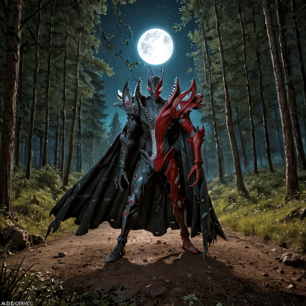 score_9, score_8_up, score_7_up, rating_safe,photo,realistic,cinematic,DLSR,HDR,film grain, zPDXLrl,solo,1boy,abbadomon core,antenna, <lora:AbbadomonCorePony:1>, cape,full body,fighting stance,outdoors,forest,trees,night,full moon