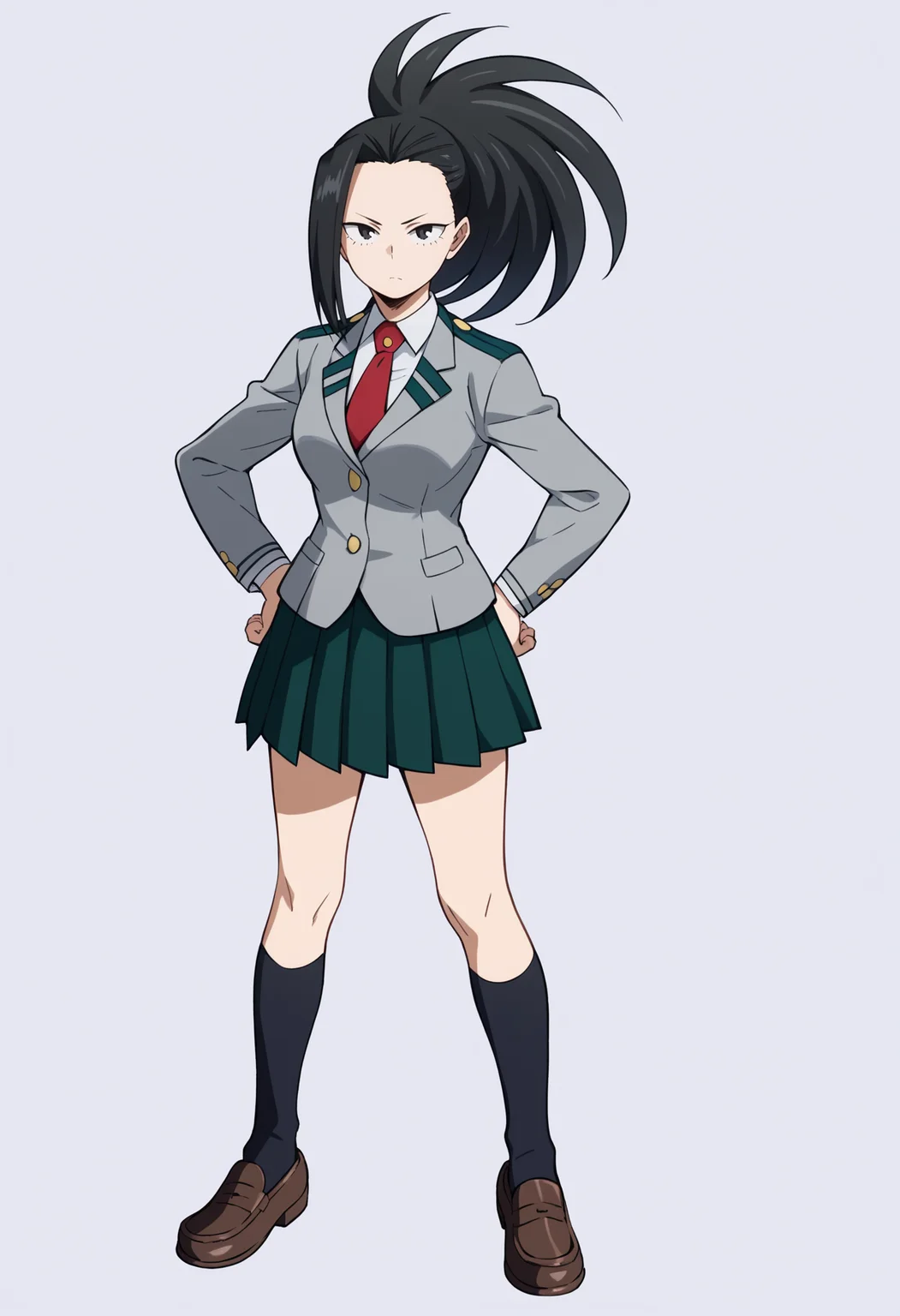 score_9, score_8_up, score_7_up, score_6_up, score_5_up, score_4_up, BREAK
yaoyorozumomo, 1girl, black eyes, black hair, ponytail, long hair, hair pulled back,
u.a. school uniform, black socks, grey blazer, brown loafers, kneehighs, long sleeves, pleated green skirt, red necktie,
full body, hands on hips, standing,  solo, looking at viewer, simple background , white background  <lora:MomoYaoyorozuXL:1>