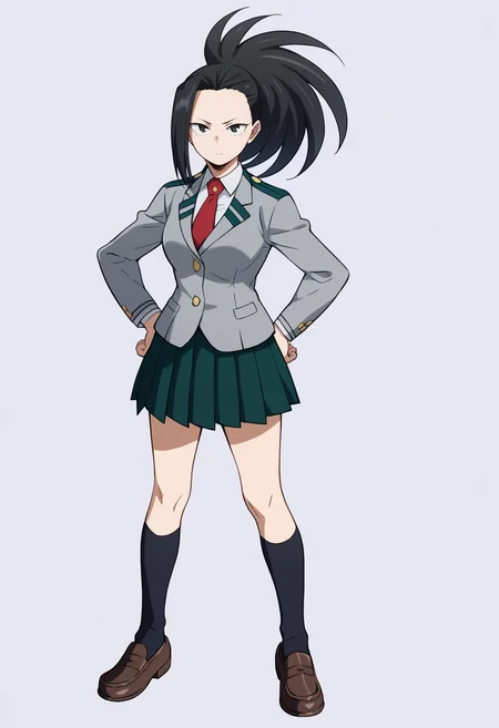 score_9, score_8_up, score_7_up, score_6_up, score_5_up, score_4_up, BREAK
yaoyorozumomo, 1girl, black eyes, black hair, ponytail, long hair, hair pulled back,
u.a. school uniform, black socks, grey blazer, brown loafers, kneehighs, long sleeves, pleated green skirt, red necktie,
full body, hands on hips, standing, solo, looking at viewer, simple background , white background <lora:MomoYaoyorozuXL:1>