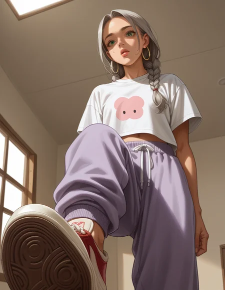 score_9, score_8_up, score_7_up, score_6_up, score_5_up, score_4_up, 1girl, solo, Soft oversized t-shirt, sweatpants, Gal, Tall, Skinny, Triangular Face, Tan Skin, Gray Hair, Green Eyes, Long Nose, Pouty Lips, Prominent Chin, Shoulder-Length Hair, Coarse Hair, Double Braided Crown, soft breasts, Hoop earrings, cherry matte lipstick, study, background light, window light, hud_v4nspose, sneakers, shoe soles, from below, indoors, ceiling, foreshortening, perspective, <lora:vans:0.7> ,