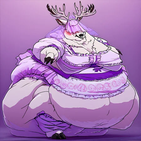 bbvicamelia, antlers, big antlers, veil, frilly veil, immobile, fat, chubby, plump, obese, large breasts, big butt, fat cheeks, wearing dr3ss, satin maid outfit, short poofy voluminous skirt, frills, apron, thighhighs, takeda hiromitsu style, diaper, big diaper, purple diaper, huge diaper, massive diaper, blue diaper, pink diaper, blush, waddle