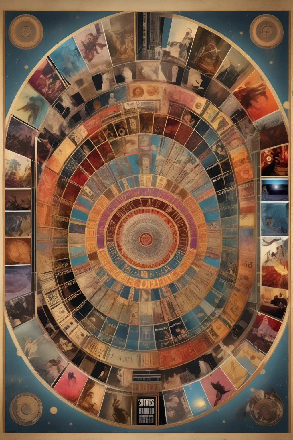<lora:Paul Laffoley Style:1>Paul Laffoley Style - Design a mandala that celebrates the magic of filmmaking. The composition should be dynamic and cinematic, with elements referencing the camera, film reels, and visual storytelling. The medium should be a digital artwork. The mandala should incorporate subjects like film strips, director's chairs, and iconic film scenes. The subject styling should have a vibrant and cinematic quality. The environment can feature a classic movie theater with a large screen. The lighting should create a sense of drama and anticipation. The atmosphere should be immersive and cinematic. The mood should be captivating and evocative.