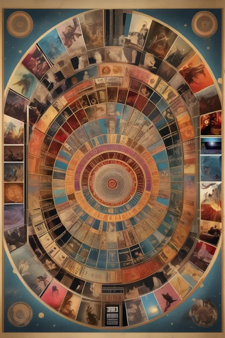 <lora:Paul Laffoley Style:1>Paul Laffoley Style - Design a mandala that celebrates the magic of filmmaking. The composition should be dynamic and cinematic, with elements referencing the camera, film reels, and visual storytelling. The medium should be a digital artwork. The mandala should incorporate subjects like film strips, director's chairs, and iconic film scenes. The subject styling should have a vibrant and cinematic quality. The environment can feature a classic movie theater with a large screen. The lighting should create a sense of drama and anticipation. The atmosphere should be immersive and cinematic. The mood should be captivating and evocative.