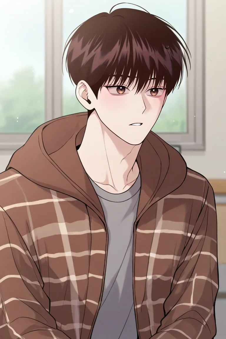 score_9, score_8_up, score_7_up,score_6_up,score_5_up,score_4_up,source_anime,BREAK, rating_safe, intricate details , , , anime screencap, anime coloring, official style, depth of field,1boy, solo, male focus , , , <lora:yo_il:0.81>,won yo il,dark brown hair,brown eyes,short hair,shirt, long sleeves, sitting,chair, jacket,indoors,window,upper body, parted lips, open clothes, brown hood, blurry, plaid, blurry background,hood down,grey shirt, brown jacket,plaid jacket , , , <lora:sdxl_lightning_8step_lora_315544:1>