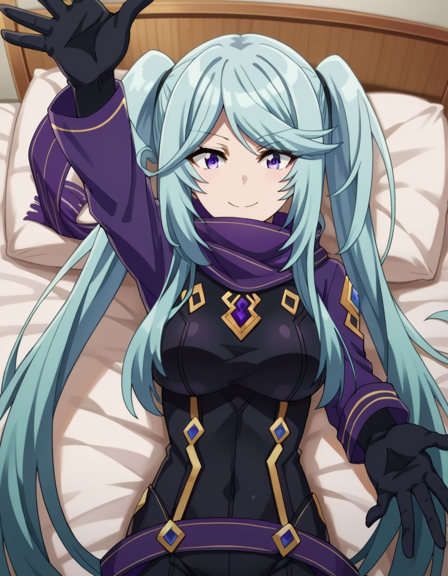 score_9, score_8_up, score_7_up, source_anime,
shadowepsilon, <lora:shadow-epsilon-ponyxl-lora-nochekaiser:1>,
epsilon, long hair, twintails, blue hair, purple eyes, sidelocks, smile,
bodysuit, scarf, purple scarf, gloves, black gloves,
indoors, bed, bed room, on back, arm support, arms up, incoming hug, pov, reaching, reaching towards viewer,
looking at viewer, cowboy shot, dutch angle,
