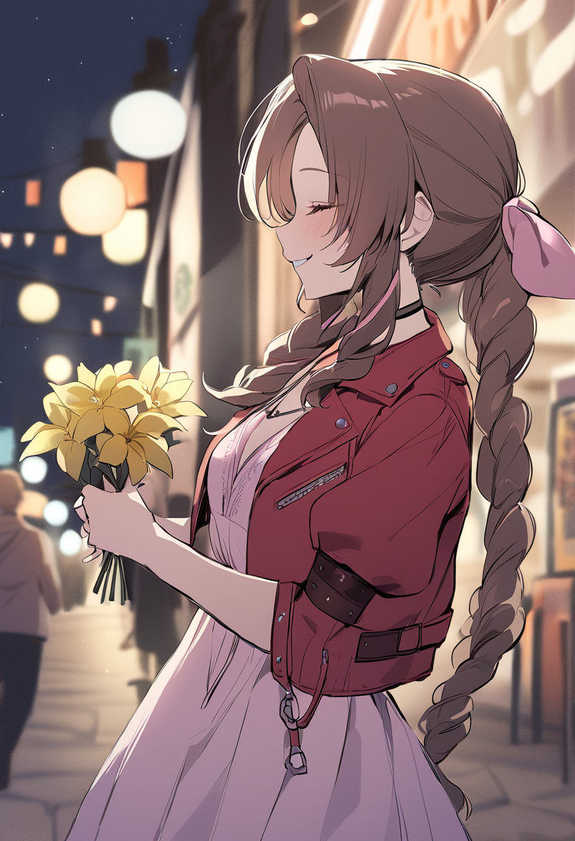masterpiece, best quality, 1girl, anime style, pastel colors <lora:aerith-xl-nvwls-v1-000006:1> defaerith, braided ponytail, pink hair bow, choker, necklace, cropped jacket, red jacket, short sleeves, pink dress, closed eyes, smile, holding yellow flower, city street, night