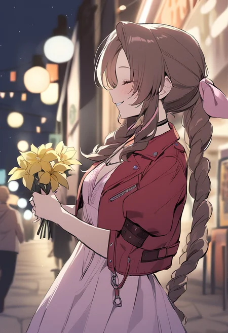 masterpiece, best quality, 1girl, anime style, pastel colors <lora:aerith-xl-nvwls-v1-000006:1> defaerith, braided ponytail, pink hair bow, choker, necklace, cropped jacket, red jacket, short sleeves, pink dress, closed eyes, smile, holding yellow flower, city street, night
