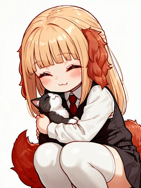 masterpiece, best quality, amazing quality, very aesthetic, high resolution,
paniel, 1girl, blonde hair, necktie, white background, cat, :3, closed eyes, simple background, long hair, holding, thighhighs, animal, smile, bangs, red necktie, shirt, animal ears, solo, holding animal, vest, white shirt, blush, closed mouth, black vest, skirt, long sleeves, white thighhighs, jacket, collared shirt, blunt bangs, fluffy tail,
<lora:paniel_race_v2_illustrious_epoch_7:0.9>,
<lora:NOOB_EPSv1_1_detailer_by_vlnvk_v1_0:1>