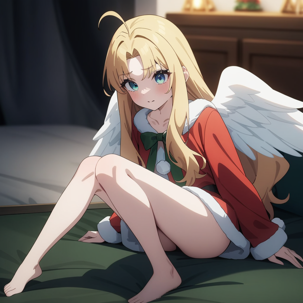 santa costume, barefoot, bare legs, tny-filo, white wings, ahoge, (full body), collarbone, solo, 1girl, masterpiece, best quality, very aesthetic, absurdres, newest <lora:tny-filo-V03:0.7>