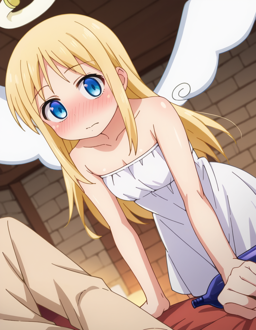 score_9, score_8_up, score_7_up, source_anime,
crimvael, <lora:crimvael-ponyxl-lora-nochekaiser:1>
crimvael, long hair, blue eyes, blonde hair,
dress, bare shoulders, collarbone, wings, white dress, strapless, halo, strapless dress, angel wings, white wings, angel,
indoors, bed, bed room, on side, blush, drunk,
looking at viewer, dutch angle, cowboy shot,