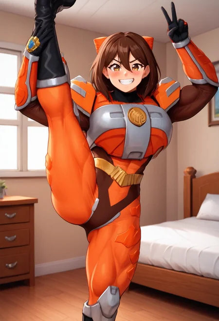 score_9, score_8_up, score_7_up, zPDXL, zPDXLpg, source_anime, <lora:offset_0.2:0.1>, <lora:spo_sdxl_10ep_4k-data_lora_webui:1>,
1girl, solo,
sazervisuel, orange bodysuit, brown leotard, belt, armor, gauntlets, black gloves, boots, <lora:Sazer_Visuel:1>,
brown hair, brown eyes, hair between eyes, medium hair, hair behind ear,
blush, confident, smug, smile,muscular_female_illust, muscular, muscular female, gigantic muscles
standing split, leg hold, leg up, standing on one leg,
v, peace sign,
crotch, crotch focus,
looking at viewer,
indoors, bedroom, bed, window, bookshelf, chest of drawers