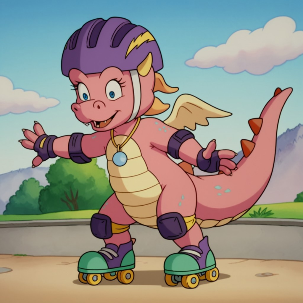 score_9, score_8_up, score_7_up, score_6_up, score_5_up, score_4_up source_furry, CassieDT, semi-anthro, female, dragon, pink skin, horns, wings, jewelry, necklace, roller skates, helmet, fingerless gloves, elbow pads, knee pads, outside