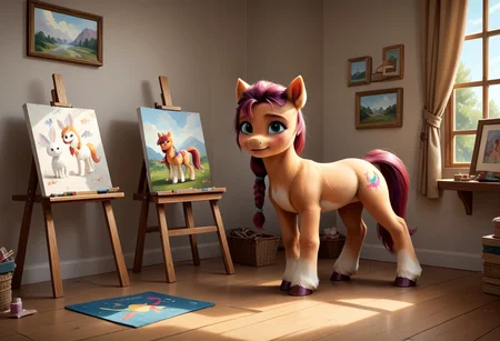score_9, score_8_up, score_7_up, score_6_up, score_5_up, score_4_up, sunny starscout,
earth pony, pegasus pony, g5, inside, rich colors, artist workshop, presents a painting of rabbits, aroused, front view, detailed background, pony, solo, detailed, 8k quality, side view, beautiful, teasing, easel and brushes, leaned to the floor, close up,