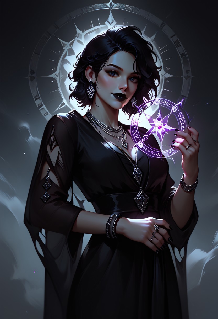 score_9, score_8_up, highly detailed, score_7_up, easynegative, concept art, realistic, dark theme, perfect quality, highly detailed, low light, face focus, anatomically perfect, handfixer
cowboy shot, gothic fantasy style, wide gothic grey marble staircase, outdoor scene,
1girl, 30 years old woman, tall regal figure, slender body, angelic beauty, pale skin, barefoot, slightly torn elegant long black robes, holes in robe, dark black messy hair, waist length hair, sharp nose, diamond nose stud, dark eyes, almond shaped eyes, black nail polish, standing at top of the staircase, black lipstick, soft smile, silver ring with ruby stone, silver diamond earrings, silver necklace with ruby medallion, looking at viewer, holding purple magical runes in each hand, Glowing Runes, Glowing Rune Circle